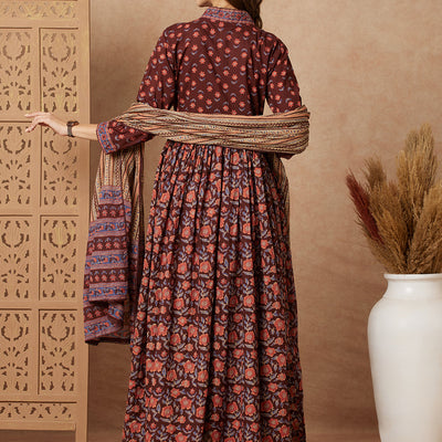 Floral Printed & Embroidered A-Line Pleated Kurta with Pant and Dupatta - Brown