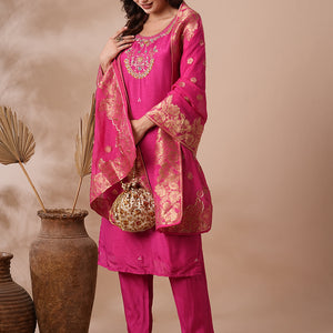 Floral Hand Embroidered Straight Kurta with Pant & Dupatta - Pink
