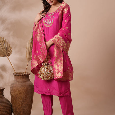 Floral Hand Embroidered Straight Kurta with Pant & Dupatta - Pink