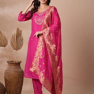 Floral Hand Embroidered Straight Kurta with Pant & Dupatta - Pink