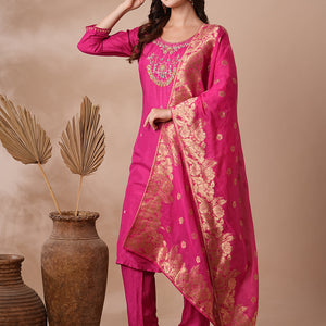Floral Hand Embroidered Straight Kurta with Pant & Dupatta - Pink