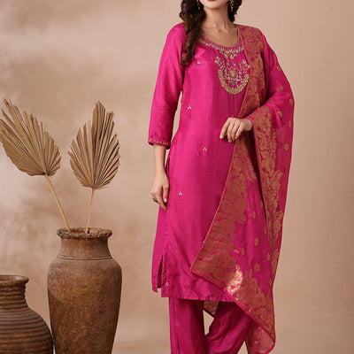 Floral Hand Embroidered Straight Kurta with Pant & Dupatta - Pink