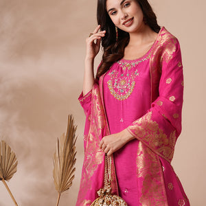 Floral Hand Embroidered Straight Kurta with Pant & Dupatta - Pink