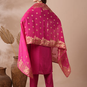 Floral Hand Embroidered Straight Kurta with Pant & Dupatta - Pink