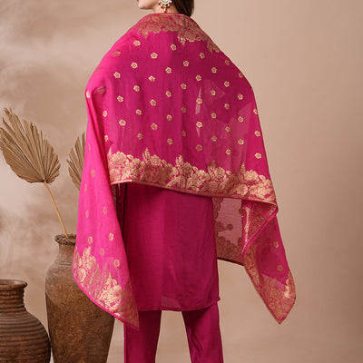 Floral Hand Embroidered Straight Kurta with Pant & Dupatta - Pink