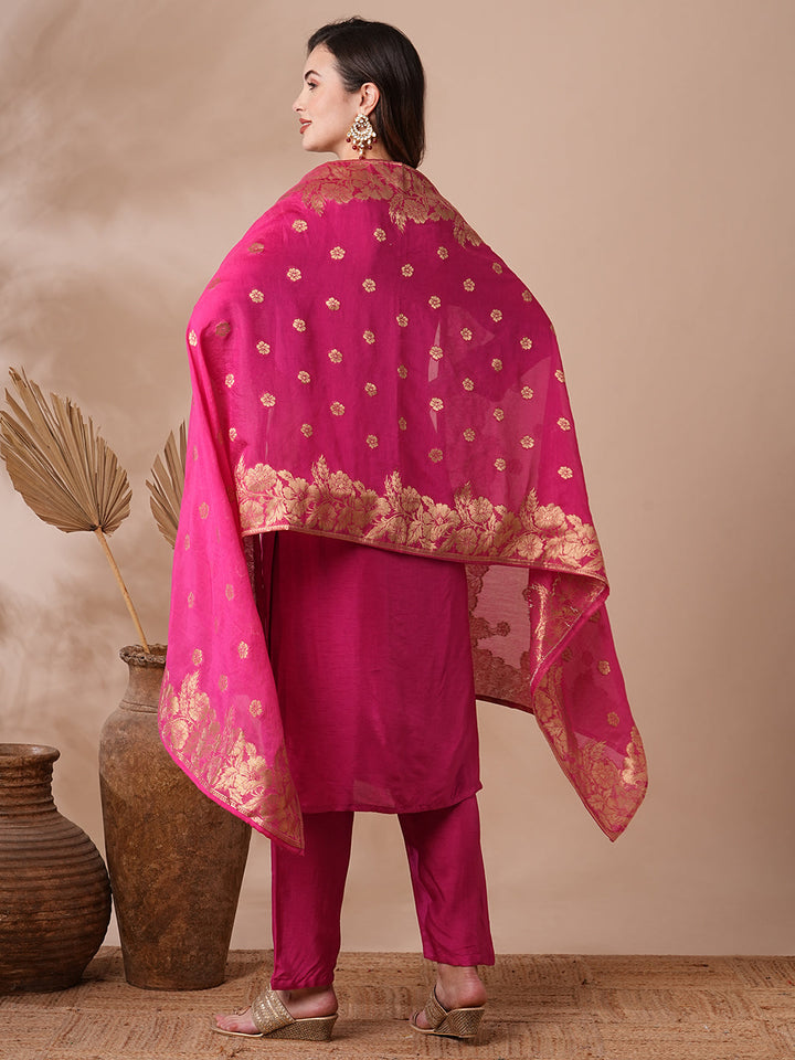 Floral Hand Embroidered Straight Kurta with Pant & Dupatta - Pink