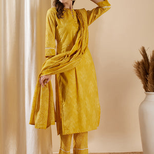 Ethnic Leaf Printed & Embroidered Straight Kurta with Pant & Dupatta - Yellow