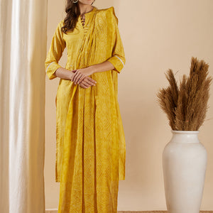Ethnic Leaf Printed & Embroidered Straight Kurta with Pant & Dupatta - Yellow