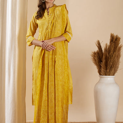 Ethnic Leaf Printed & Embroidered Straight Kurta with Pant & Dupatta - Yellow