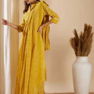 Ethnic Leaf Printed & Embroidered Straight Kurta with Pant & Dupatta - Yellow