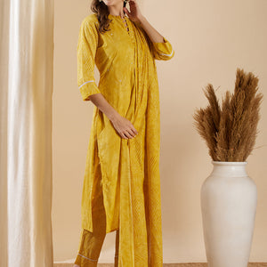 Ethnic Leaf Printed & Embroidered Straight Kurta with Pant & Dupatta - Yellow