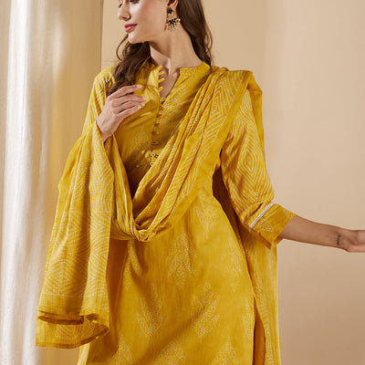 Ethnic Leaf Printed & Embroidered Straight Kurta with Pant & Dupatta - Yellow