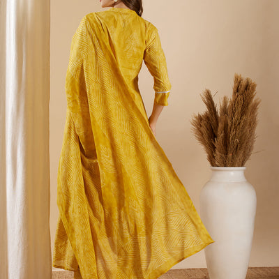 Ethnic Leaf Printed & Embroidered Straight Kurta with Pant & Dupatta - Yellow