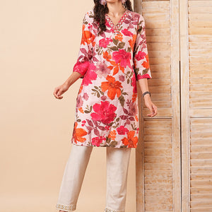 Abstract Floral Foil Printed & Mirror Embroidered Straight Fit Kurta - Pink