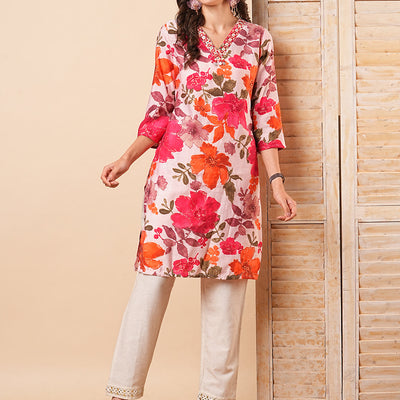 Abstract Floral Foil Printed & Mirror Embroidered Straight Fit Kurta - Pink