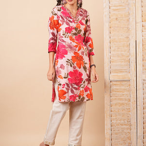 Abstract Floral Foil Printed & Mirror Embroidered Straight Fit Kurta - Pink