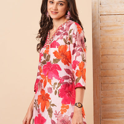 Abstract Floral Foil Printed & Mirror Embroidered Straight Fit Kurta - Pink