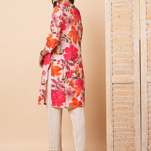 Abstract Floral Foil Printed & Mirror Embroidered Straight Fit Kurta - Pink