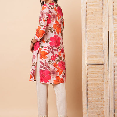 Abstract Floral Foil Printed & Mirror Embroidered Straight Fit Kurta - Pink