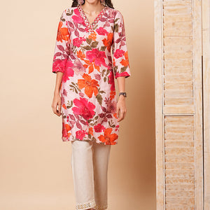 Abstract Floral Foil Printed & Mirror Embroidered Straight Fit Kurta - Pink