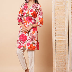 Abstract Floral Foil Printed & Mirror Embroidered Straight Fit Kurta - Pink
