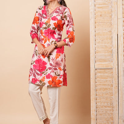 Abstract Floral Foil Printed & Mirror Embroidered Straight Fit Kurta - Pink