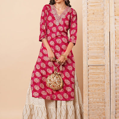 Ethnic Zari Embroidered & Abstract Foil Printed Straight Fit Kurta - Red