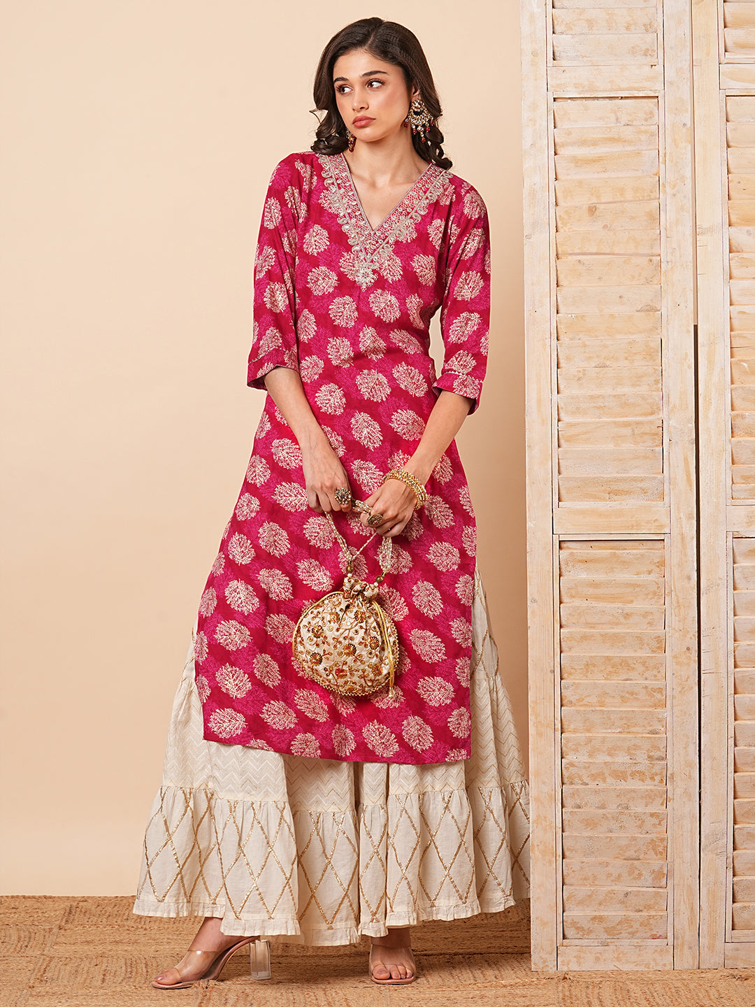 Ethnic Zari Embroidered & Abstract Foil Printed Straight Fit Kurta - Red