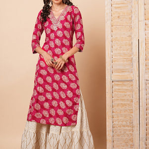 Ethnic Zari Embroidered & Abstract Foil Printed Straight Fit Kurta - Red
