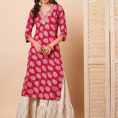 Ethnic Zari Embroidered & Abstract Foil Printed Straight Fit Kurta - Red