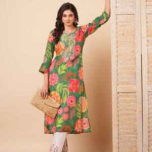 Abstract Floral Printed & Embroidered Straight Fit Kurta - Green