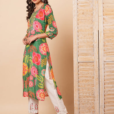 Abstract Floral Printed & Embroidered Straight Fit Kurta - Green