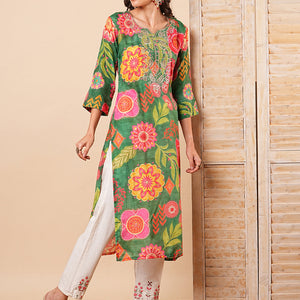Abstract Floral Printed & Embroidered Straight Fit Kurta - Green