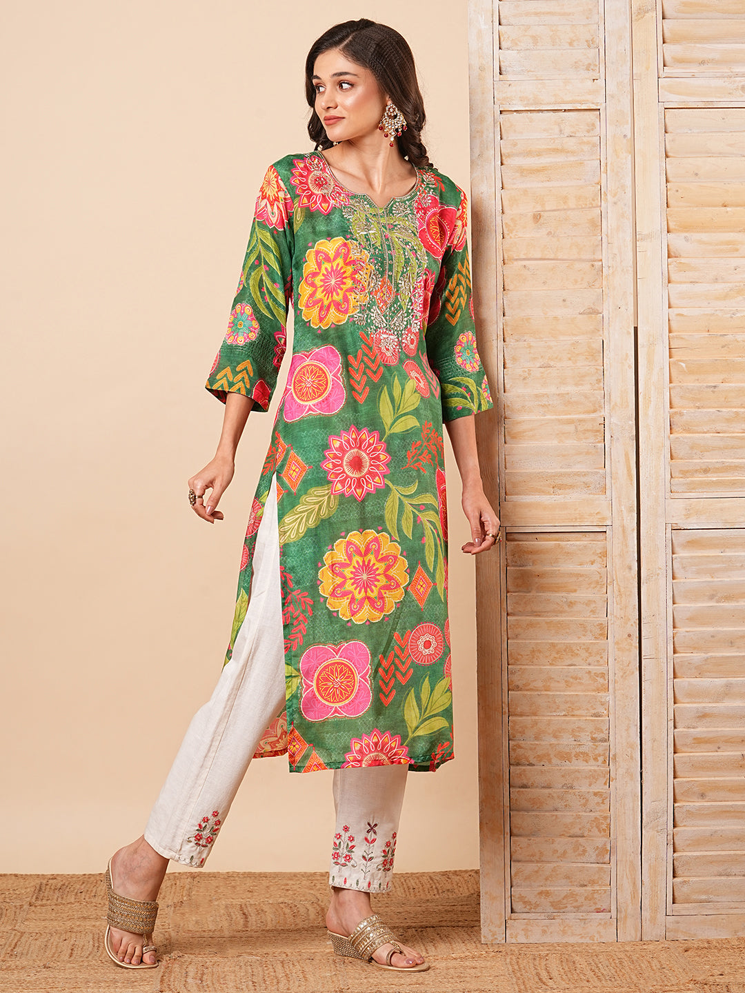 Abstract Floral Printed & Embroidered Straight Fit Kurta - Green