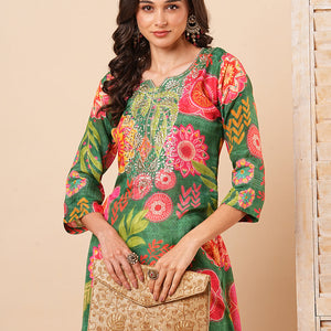 Abstract Floral Printed & Embroidered Straight Fit Kurta - Green