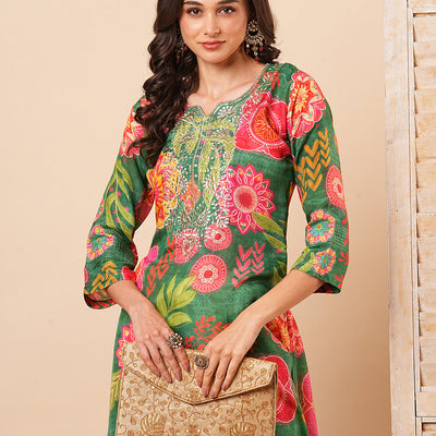 Abstract Floral Printed & Embroidered Straight Fit Kurta - Green