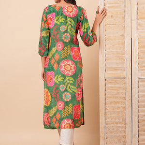 Abstract Floral Printed & Embroidered Straight Fit Kurta - Green
