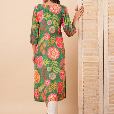 Abstract Floral Printed & Embroidered Straight Fit Kurta - Green
