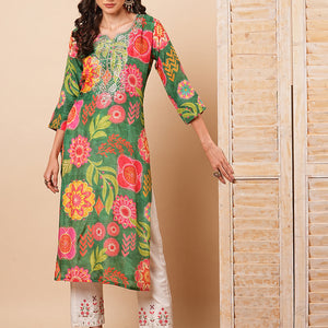 Abstract Floral Printed & Embroidered Straight Fit Kurta - Green