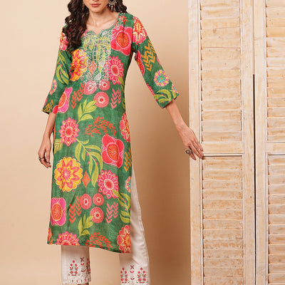 Abstract Floral Printed & Embroidered Straight Fit Kurta - Green