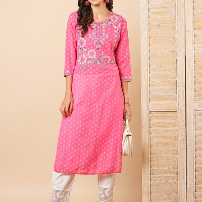 Ethnic Khari Printed & Embroidered Straight Fit Kurta - Pink
