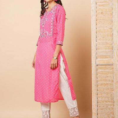 Ethnic Khari Printed & Embroidered Straight Fit Kurta - Pink