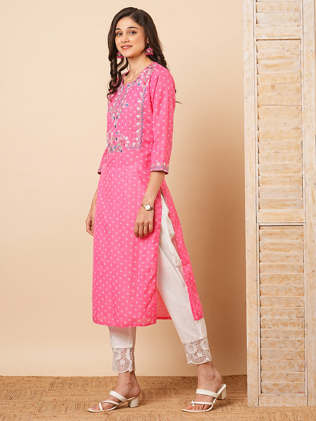 Ethnic Khari Printed & Embroidered Straight Fit Kurta - Pink