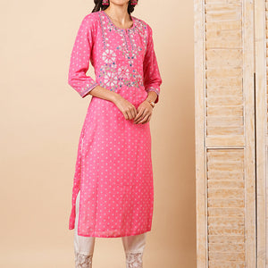 Ethnic Khari Printed & Embroidered Straight Fit Kurta - Pink