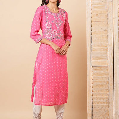 Ethnic Khari Printed & Embroidered Straight Fit Kurta - Pink