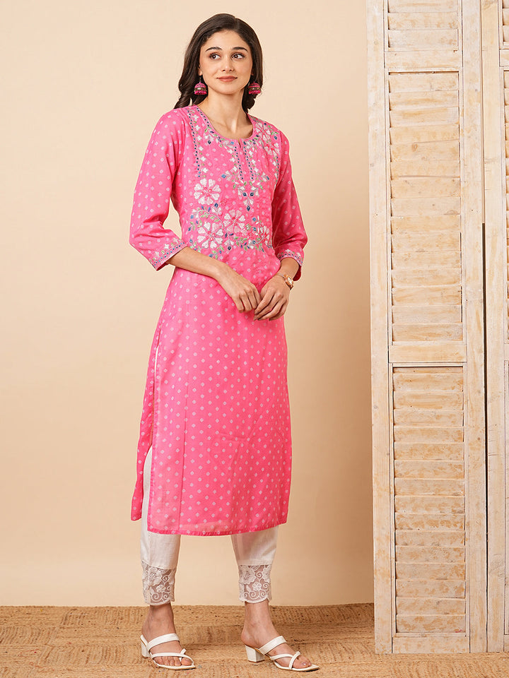 Ethnic Khari Printed & Embroidered Straight Fit Kurta - Pink