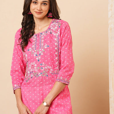 Ethnic Khari Printed & Embroidered Straight Fit Kurta - Pink