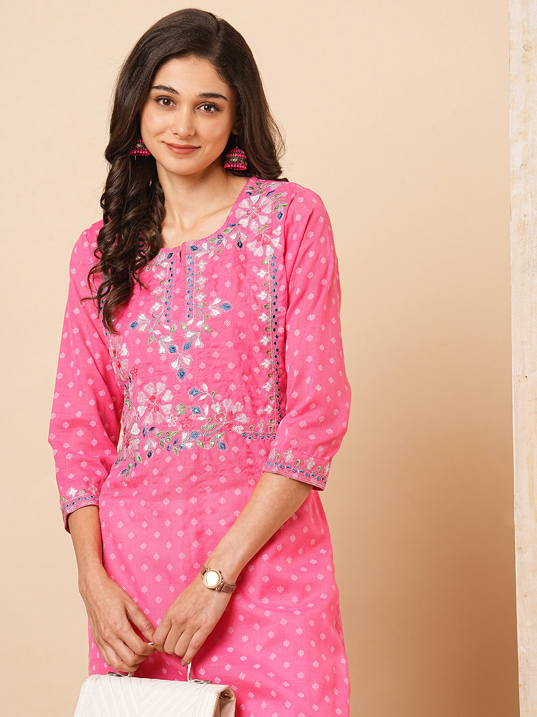 Ethnic Khari Printed & Embroidered Straight Fit Kurta - Pink