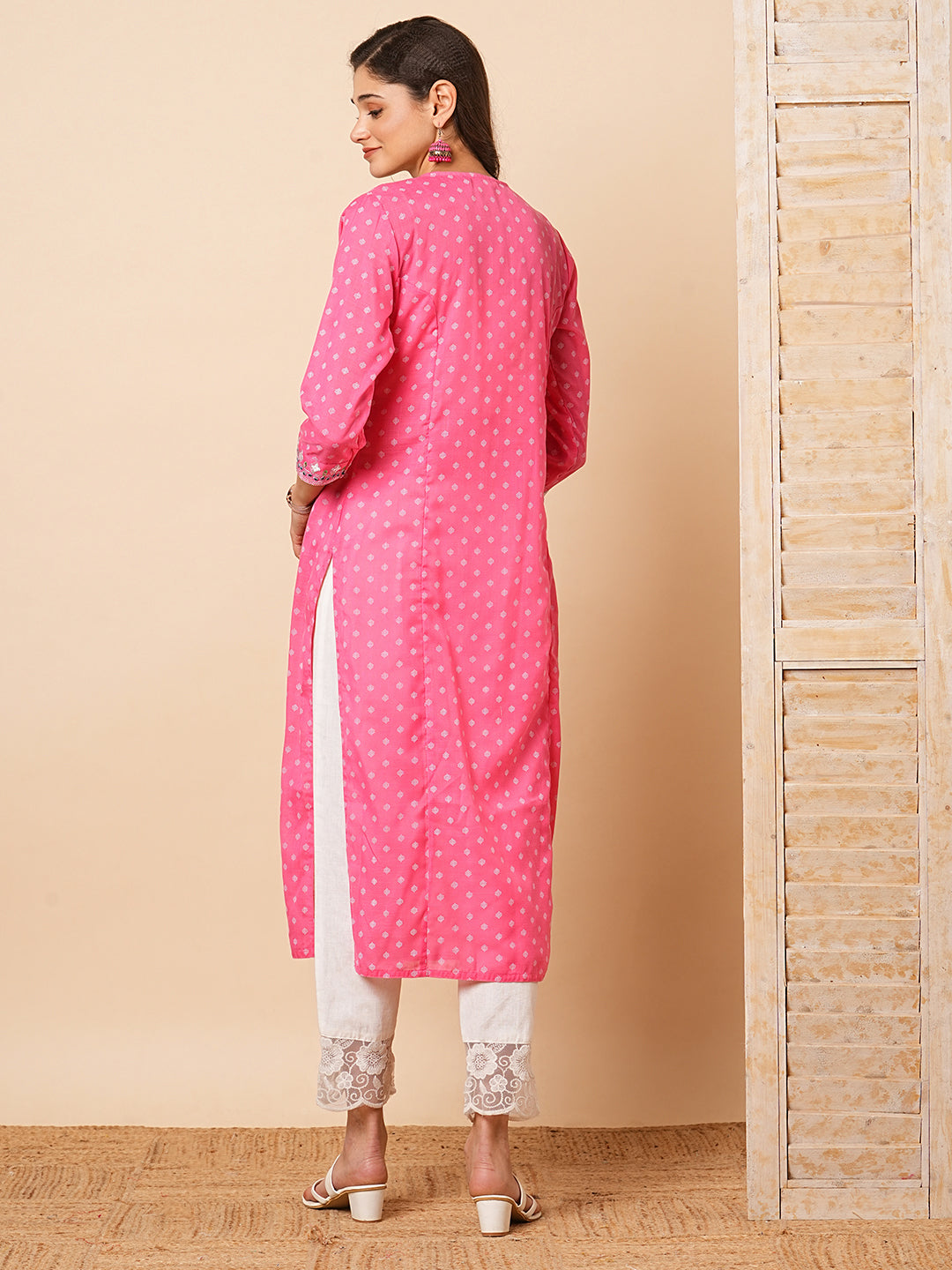 Ethnic Khari Printed & Embroidered Straight Fit Kurta - Pink