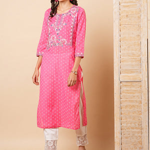 Ethnic Khari Printed & Embroidered Straight Fit Kurta - Pink